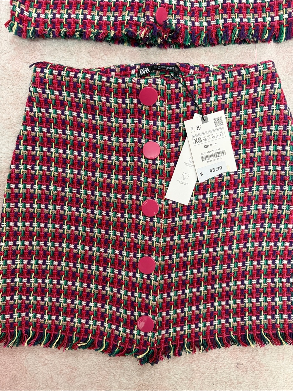 Zara Pink and Black Tweed Button-Front Mini Skirt Set - Picture 2 of 8